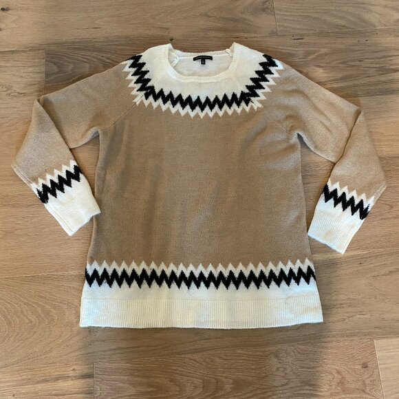 Staccato Sweaters - Stacatto Tan, White and Black Zigzag Sweater, Crew Neck Size Medium
